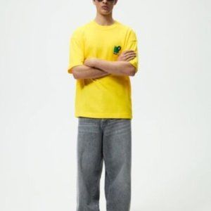 Zara Mens Yellow EMBROIDERED KIWI KNIT T-SHIRT